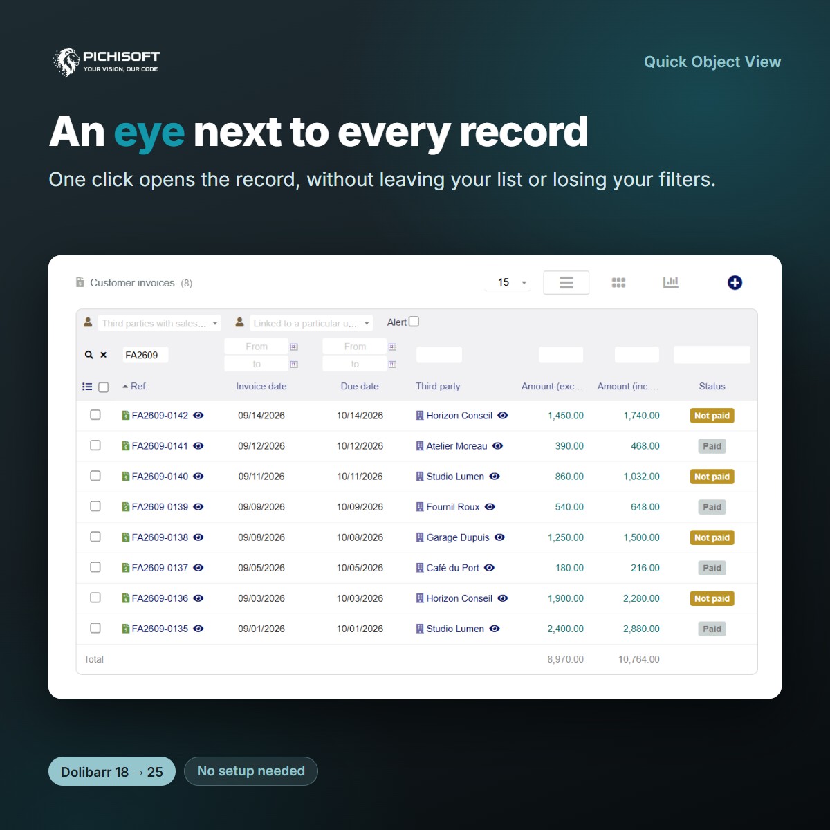 An eye next to every record in the Dolibarr customer invoices list