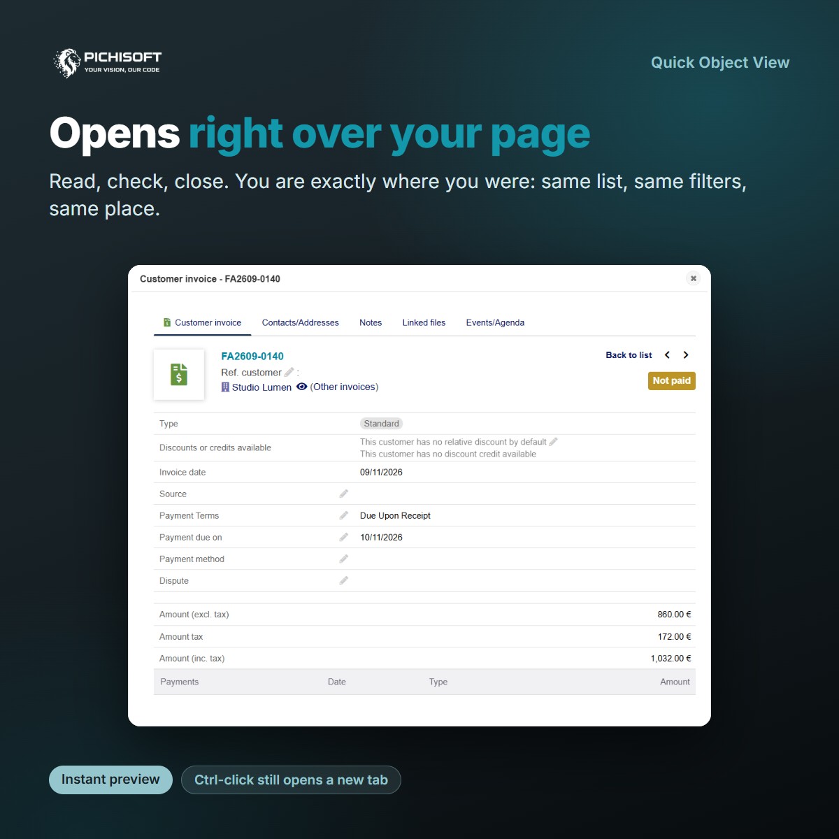 A Dolibarr customer invoice opened in a pop-up over the list