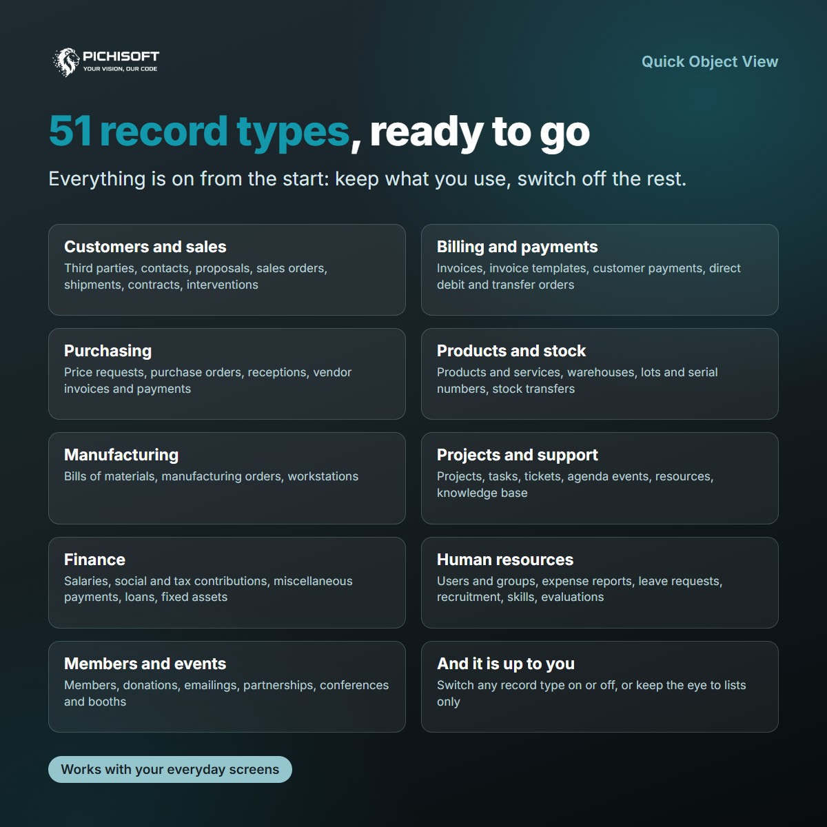 The record types supported by Quick Object View, by area