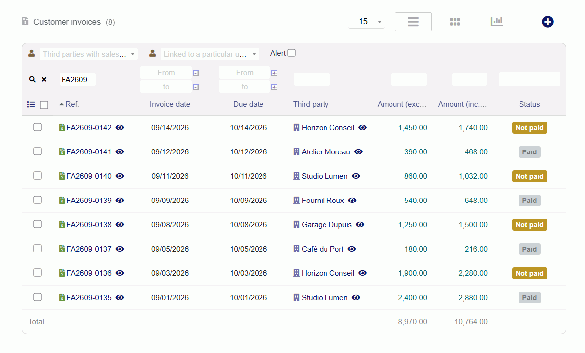 The eye next to each invoice and each customer in the customer invoices list