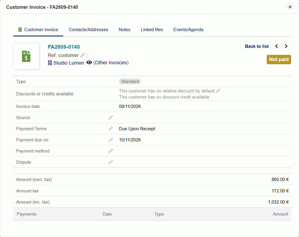 A customer invoice opened in a pop-up over the invoices list