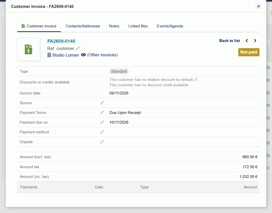 The invoice opens in a pop-up over the list