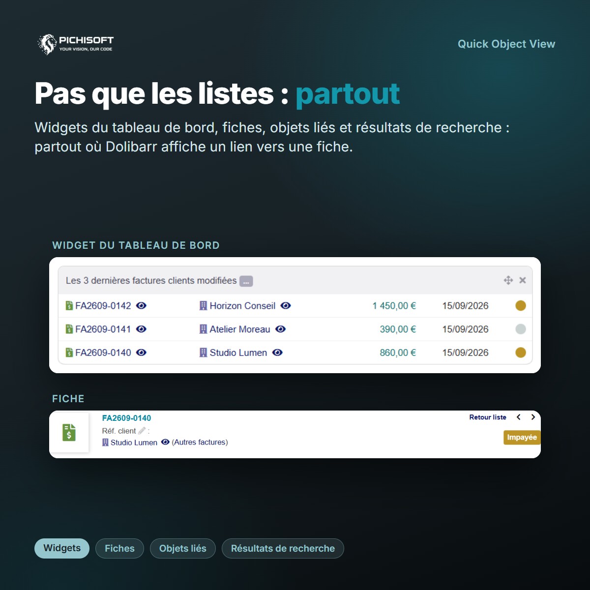 L'œil aussi dans les widgets du tableau de bord et sur les fiches