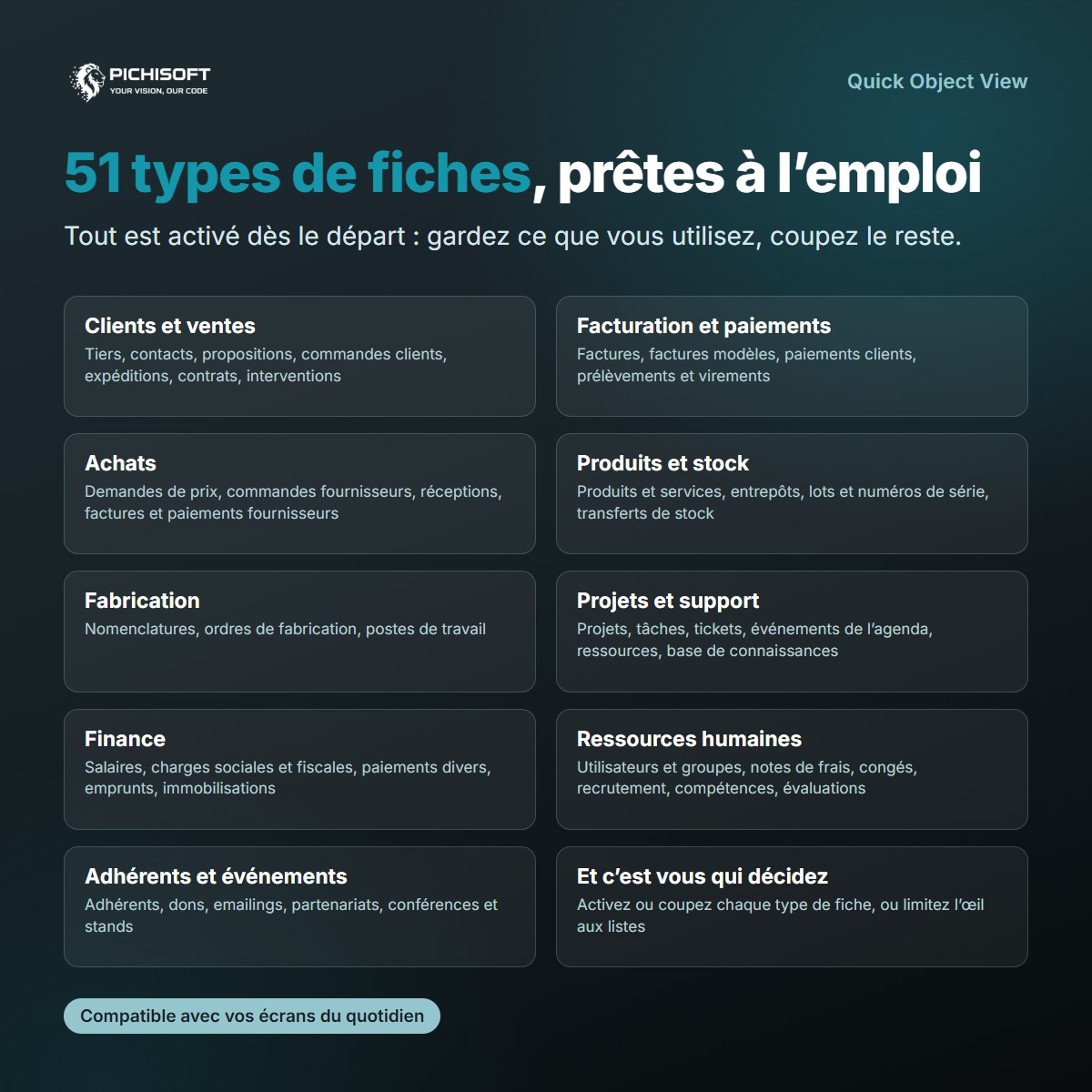 51 types de fiches pris en charge, activés dès le départ