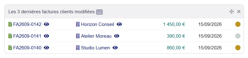 L'œil dans le widget « Dernières factures clients » du tableau de bord