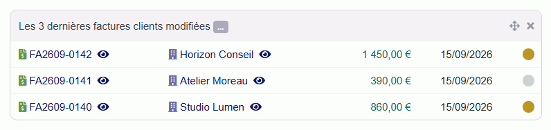 L'œil dans le widget « Dernières factures » du tableau de bord